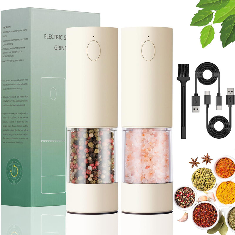 2 Pack Electric Salt And Pepper Grinder Set - USB Rechargeable Automatic Salt Pepper Mill Shaker With LED Light, Adjustable Coarseness, One Hand Operation
