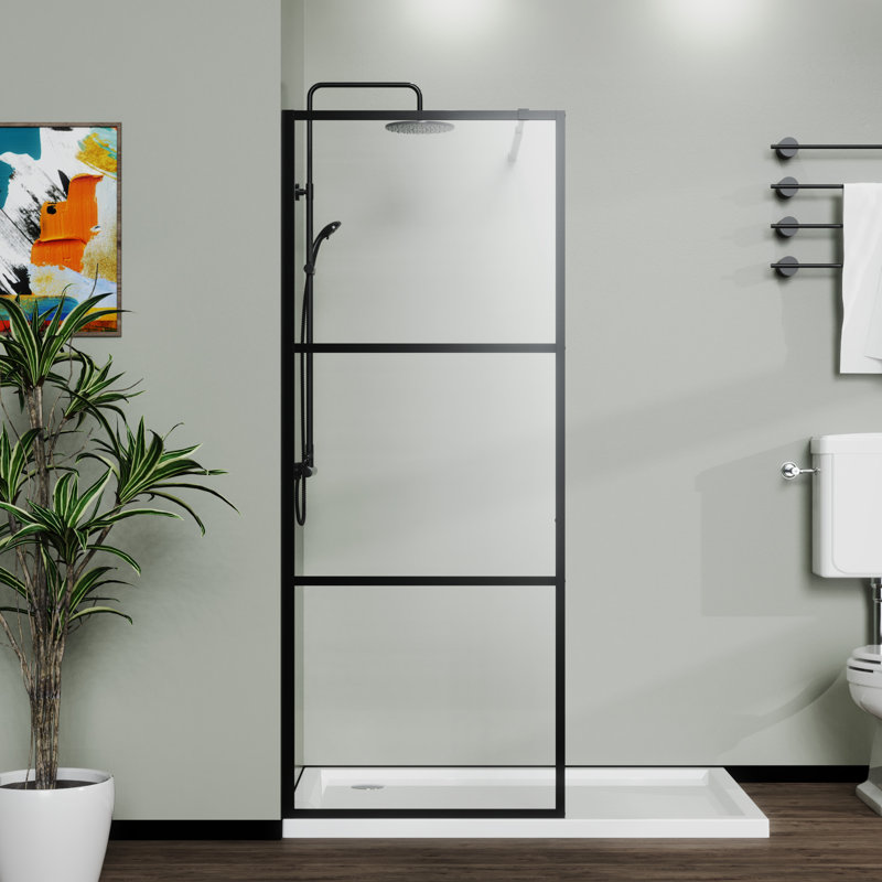 34" Walk-In Shower Screen Door For - Black Paint Frame Thick Tempered Glass Adjustable Support , Clear Needed Installation Design