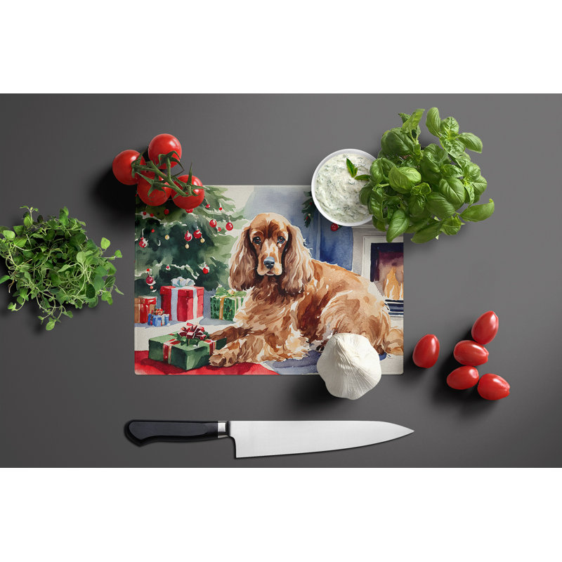 Cocker Spaniel Cozy Christmas Glass Cutting Board Large