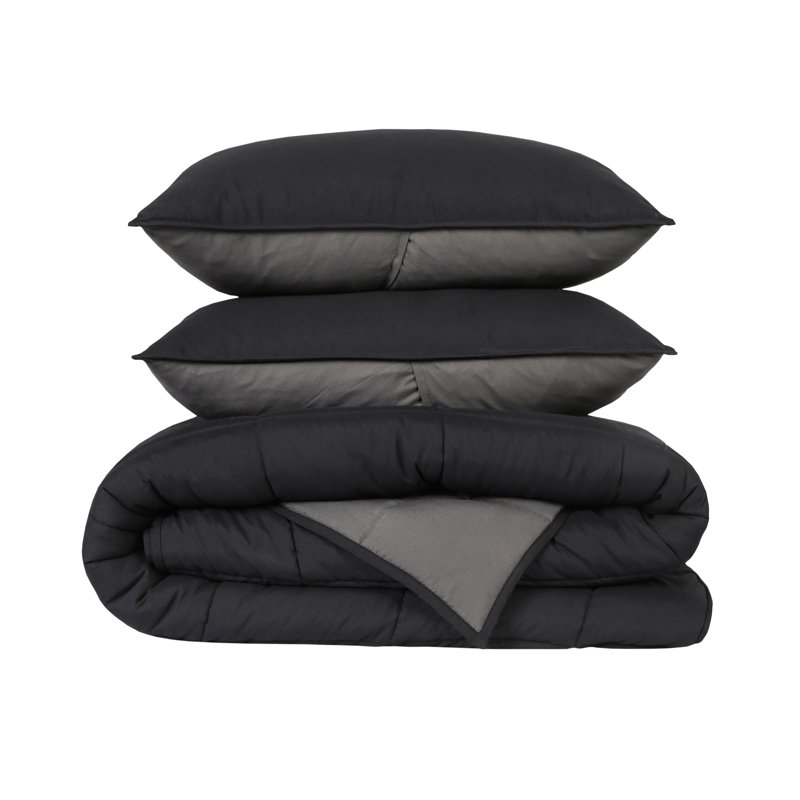 3-Piece Microfiber/Polyester Comforter Set, Twin, Black/Gray