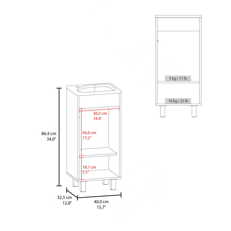 Armoire à une porte Bethel, meuble-lavabo autoportant avec lavabo en résine et deux tablettes, rangement pour salle de bain