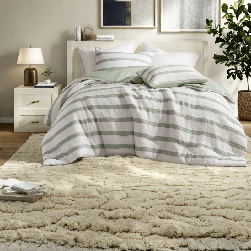 Ensembles de literie vert sauge de qualité supérieure, édredon en polyester teint en fil avec motif rayé pour une maison moderne toutes saisons