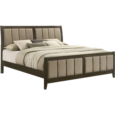 Eastern King Panel Bed Featuring Dark Finish, Soft Brown Upholstery, And Vertical Channel Tufting, Built With Rubberwood Asian Hardwood Upholstery Made Of