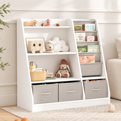 Étagère à livres et rangement pour jouets à 4 niveaux pour enfants, avec présentoir à livres frontal et 3 bacs de rangement.