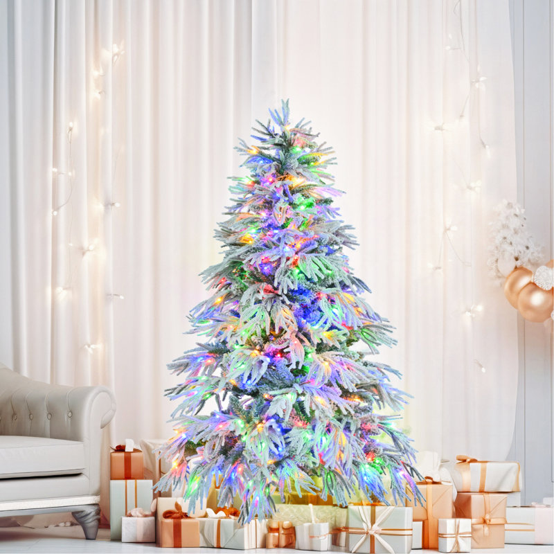 Arbre de Noël enneigé épinette 6 pi, arbre de Noël articulé artificiel avec 300 lumières DEL multicolores, 8 modes de clignotement et 790 pointes de branches de neige, décoration de bureau de vacances