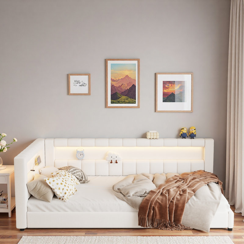 Upholstered Daybed With Usb Ports And Led Light Strips, Cream White, Twin Extra-Long