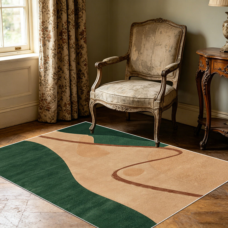 1PC Minimalist Abstract Wavy Line Forest Green Beige Terracotta Outline area rugs for Living Room, Soft and Comfortable, Suitable for all seasons, easy-to-maintain, machine washable Indoor floor mat, Under Table Farmhouse suitable for under dining...