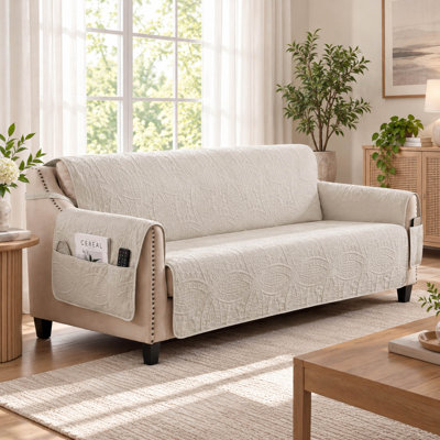 68'' Quilted Medallion Sofa Cover with Side Pockets and Non-Slip Backing, Beige