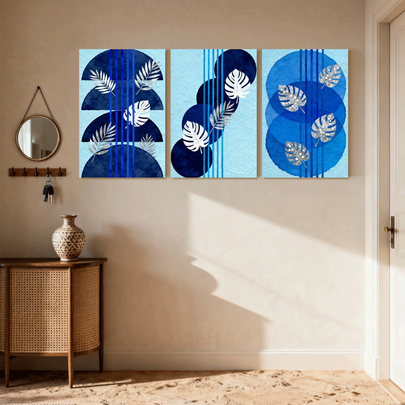 «Contemporary Boho Blue Circles Leaves», ensemble de 3 reproductions d'art sur toile, H 18 po x l 36 po
