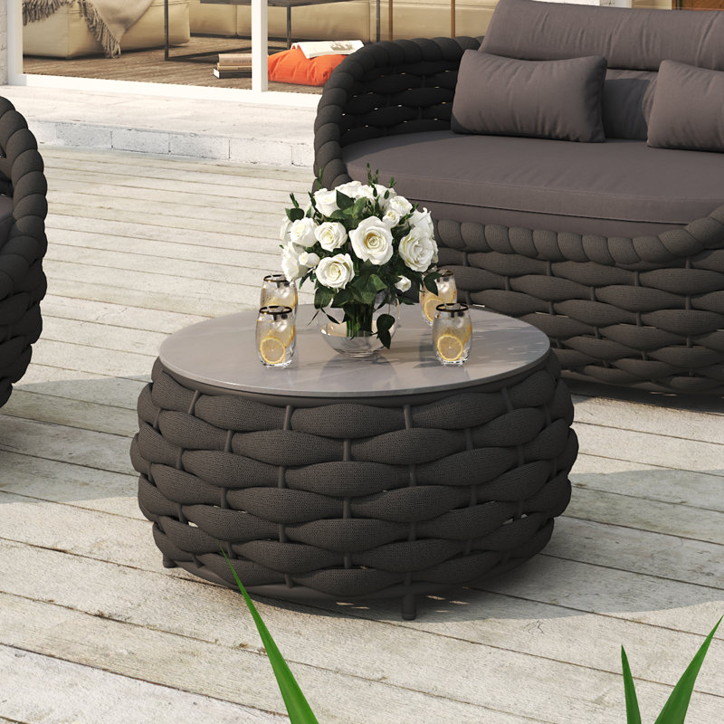 Table basse d'extérieur ronde entièrement assemblée avec plateau à carreaux en marbre et corde en textilène, structure en aluminium pour patio, porche, jardin gris foncé
