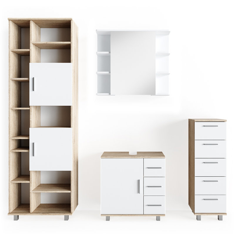 Jarelin Freestanding and Wall Bathroom Storage Furniture Set, White/Sonoma Oak