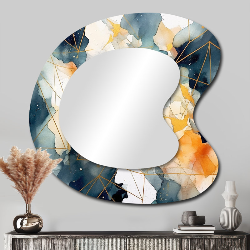 Gaviria Blue Yellow asymmetric Marble Shapes - Geometric Irregular Shape Decorative Mirror, Blue Asymmetrical Wall Mirror, Printed Metal Art