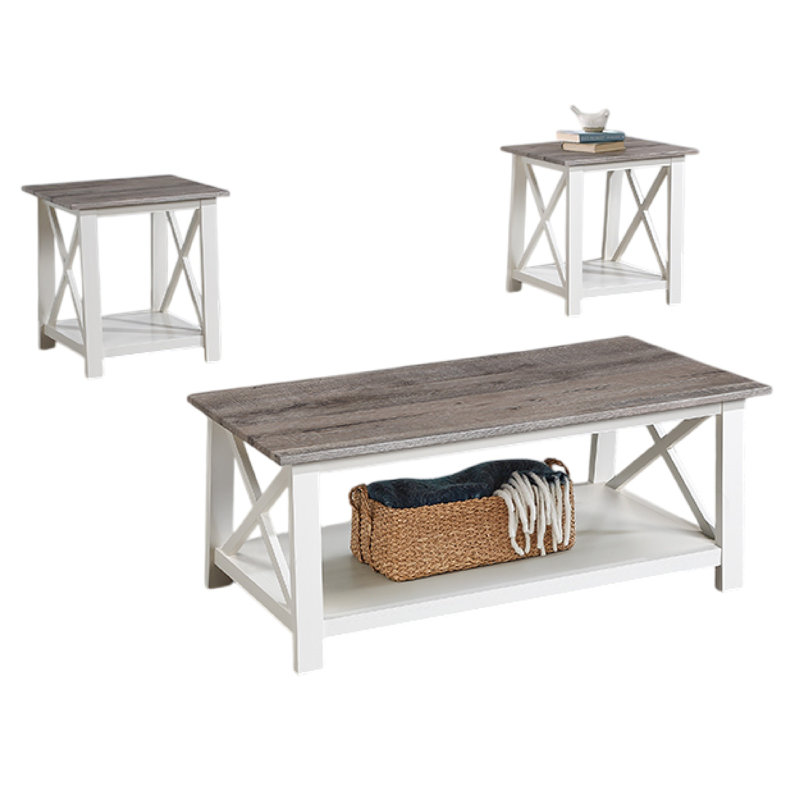 Ensemble de tables de bout et de table d'appoint Heo 3 pièces, plateau en bois gris, pieds en X blancs