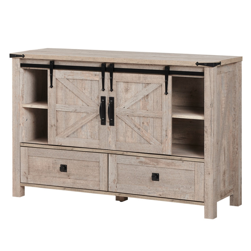 Commode de chambre à coucher avec 4 tiroirs et portes de grange coulissantes Terramuggus, Chêne rustique pâle