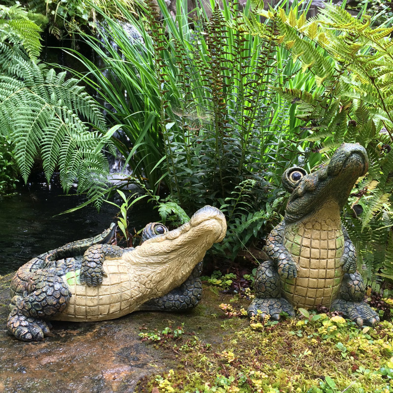 Whimsical Green and Beige Resin Alligator Garden Statue Set