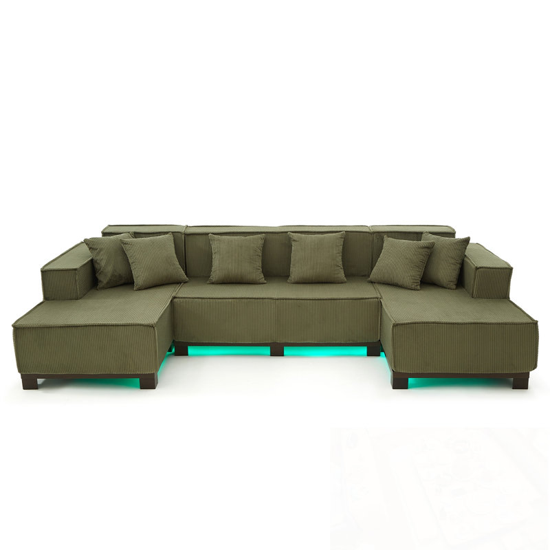 U-Shaped Sectional Sofa With RGB LED Light Strip And 6 Pillows, Green Corduroy