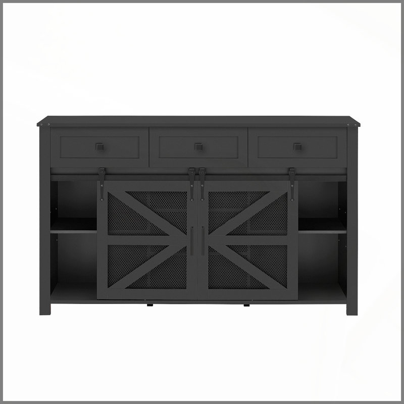 55 Inch Sliding Barn Door Sideboard with 3 Drawers, Adjustable Shelves, Metal Mesh & Particleboard Doors, Aluminum Handles for Modern Storage