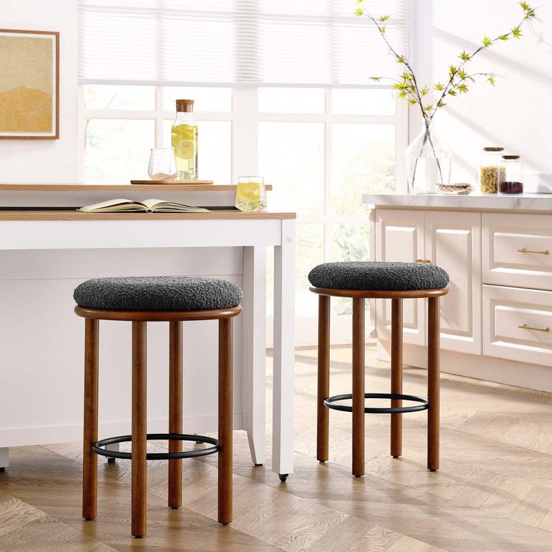 Walnut Charcoal Backless Wood and Metal Counter Stools, Set of 2