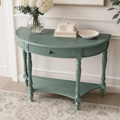 Console demi-lune en bois massif avec tiroir et tablette, table d'entrée incurvée cannelée rétro pour vestibule de salon de couloir, table de canapé à espace étroit avec pieds romains sculptés