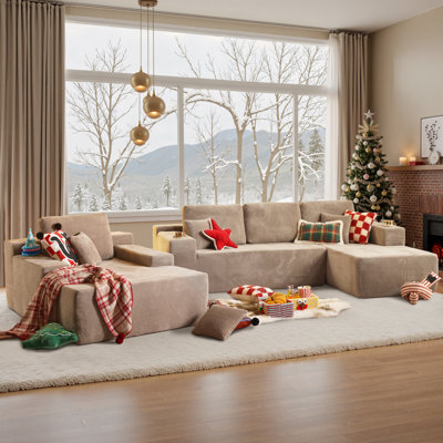 No Assembly Required Compression Packed 3-piece Cloud Modular Upholstered Sectional Sofa With Chaise Lounge Chair