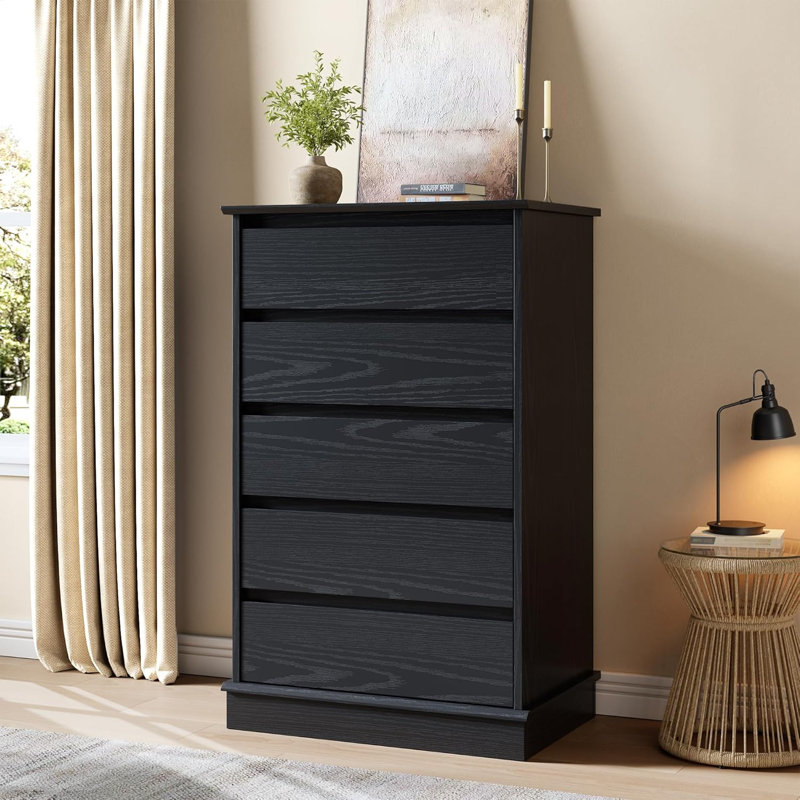 Commode à 5 tiroirs en bois pour chambre à coucher, commode haute avec tiroirs de rangement profonds, plateau large pour placard, salon, noir