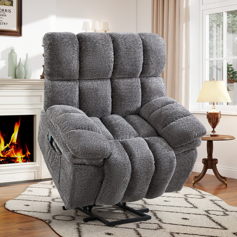 42.91" Wide Chenille Upholstered Power Lift Assist Recliner With 8-Point Massage, Lumbar Heat, USB & Type-C Charging, Gray
