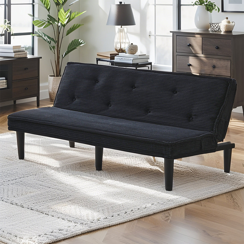 Canapés-lits de 66 po en futon convertible en velours côtelé, Noir