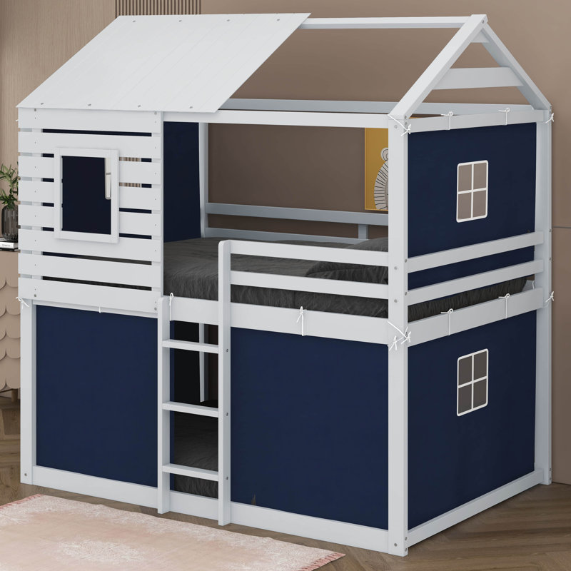 Yaraghi Bunk Wood House Bed with Tent, Full Over Full, Blue/White