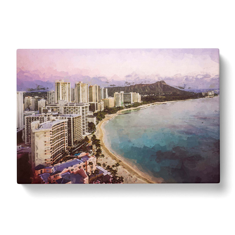 Dusk View Of Waikiki Beach In Abstract - Wrapped Canvas Print, 35cm H x 50cm W x 3cm D