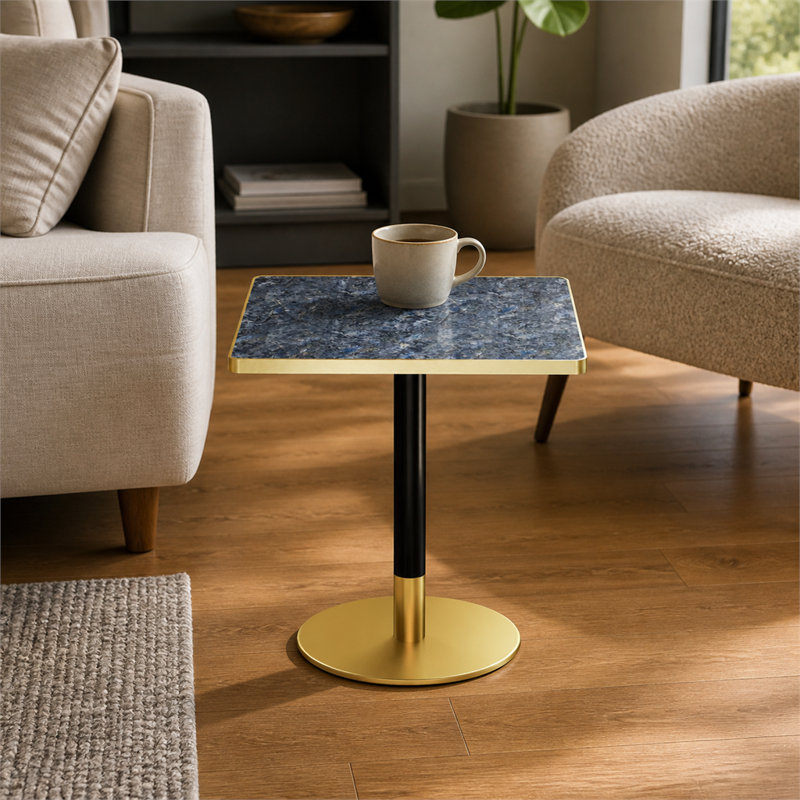 Table de salle à manger carrée moderne en tulipe de 80 cm, plateau en pierre frittée imitation marbre, piètement en acier inoxydable, résistant aux égratignures, à l'usure et à l'eau, pour intérieur et extérieur.