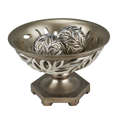 Bol décoratif long en polyrésine 12,75 "Kiara", motif de plumes de paon argentées