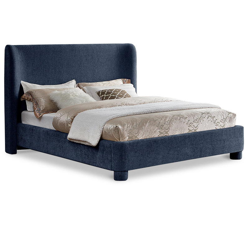 Hridhaan Upholstered Unfinished Wingback Bed, Queen, Navy Chenille Fabric