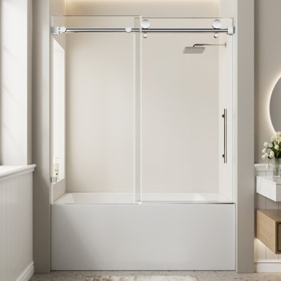 56"60" W X 60" H Frameless Single Sliding Shower Door, Chrome Bathtub Door, 5/16" (8Mm) Clear Tempered Glass With Explosionproof Film, Stainless Steel Handle