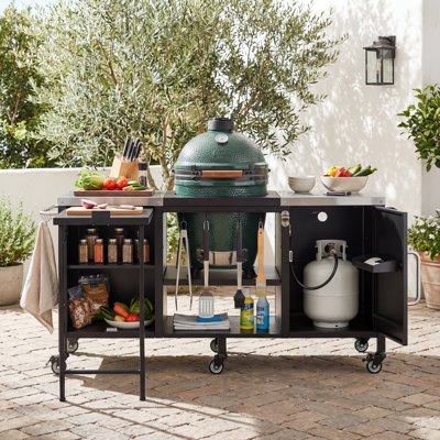 76.6" Outdoor BBQ Grill Table with Storage & Drop Leaf, Steel Kitchen Island for Big Green Egg with Adjustable Shelf & Hooks