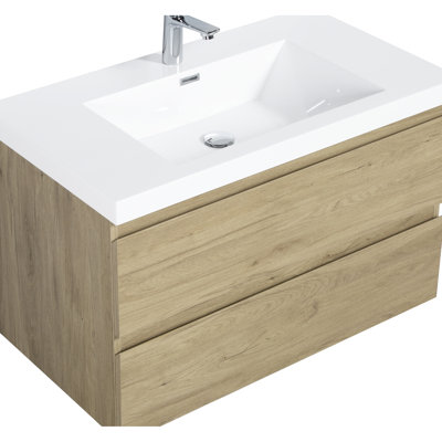Meuble-lavabo de 36 po, armoire en chêne naturel avec lavabo en résine et meuble-lavabo spacieux à tiroirs, fabrication