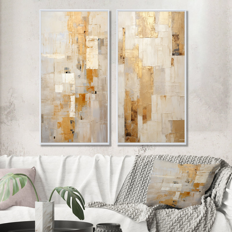Ensemble de salon beige et doré Dream Collage - Formes abstraites, ensemble de 2, Cadre blanc, H 28 po x l 25 po