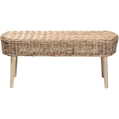 Banc d'appoint bohémien avec siège ajouré ovale tissé, pieds fuselés, fait à la main en bois, gris, largeur 44,07 po, profondeur 16,61 po, hauteur 18,34 po, poids de 18,5 lb, fabriqué à la main