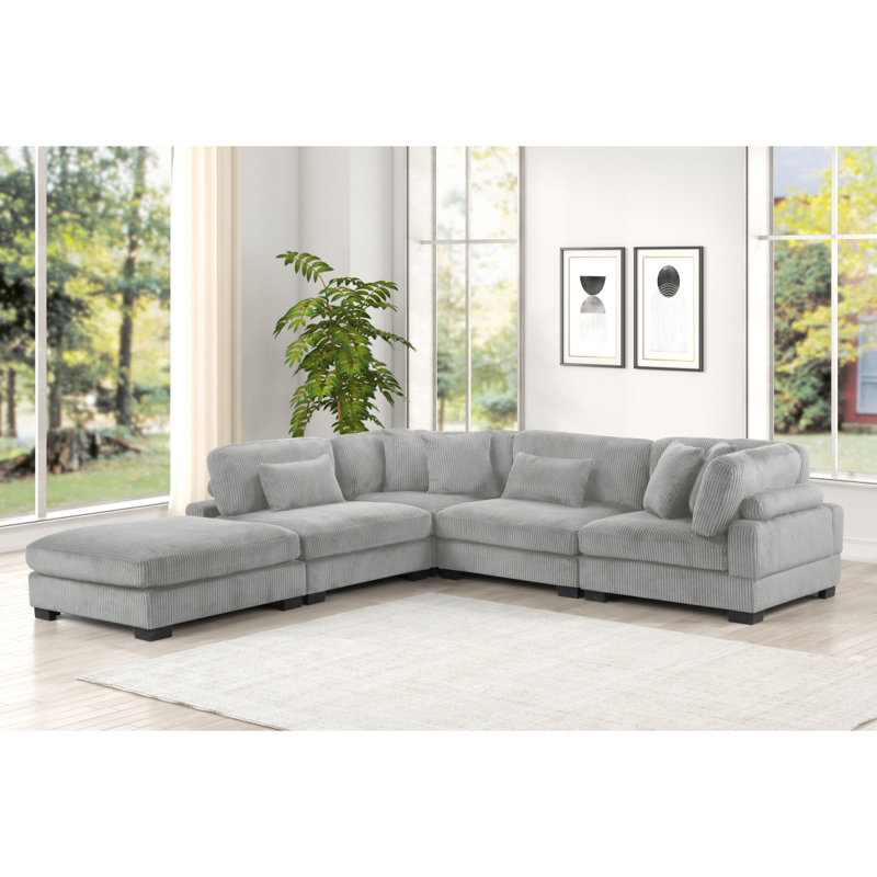 Bentley Modern Style Modular Sectional Unique Layout Made With Corduroy Fabric And Wood In Gray Setup2 , Gray