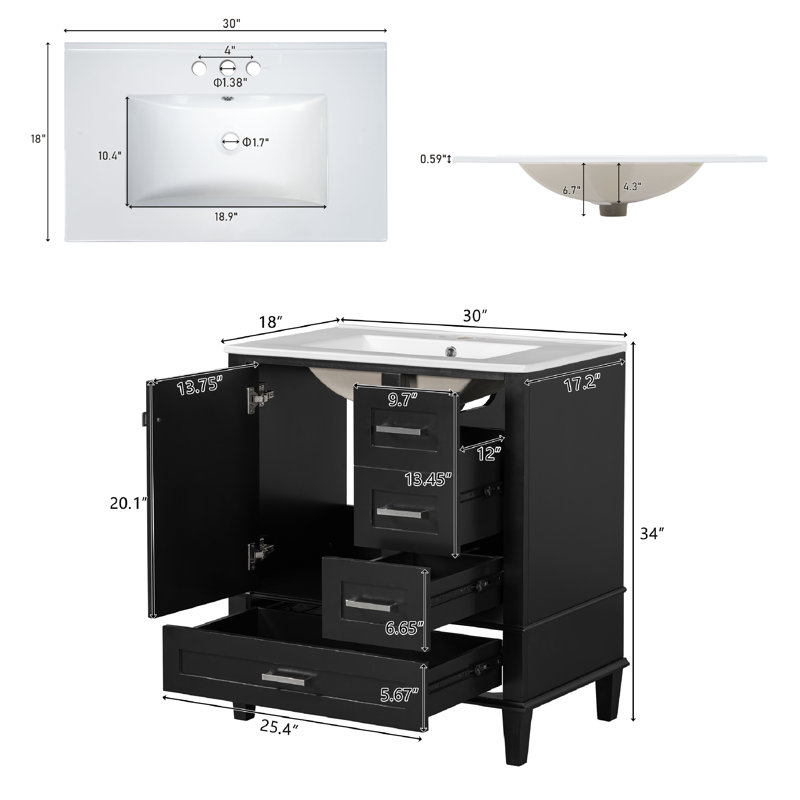 30" Bathroom Vanity with Ceramic Sink and Soft Close Door, Black