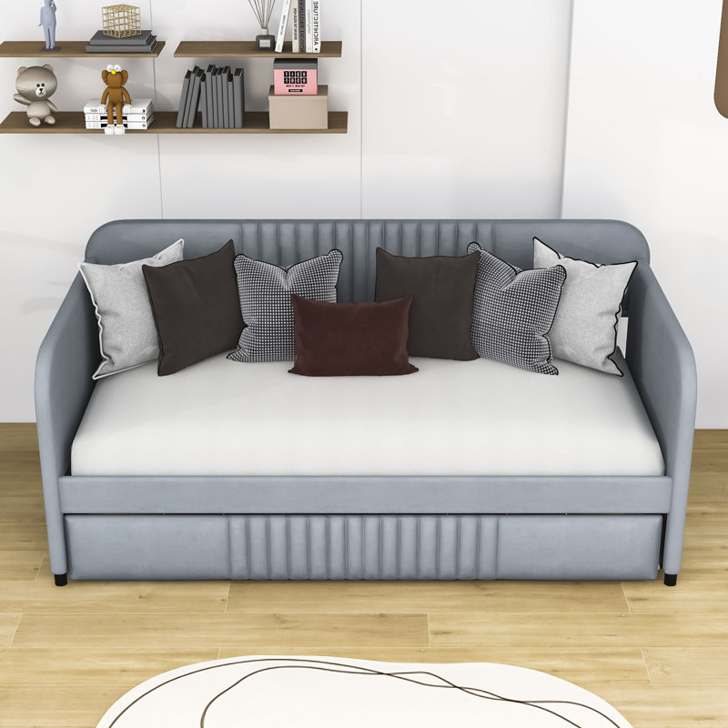 Dhanisha Twin Size Upholstered Daybed With Twin Size Trundle, Gray