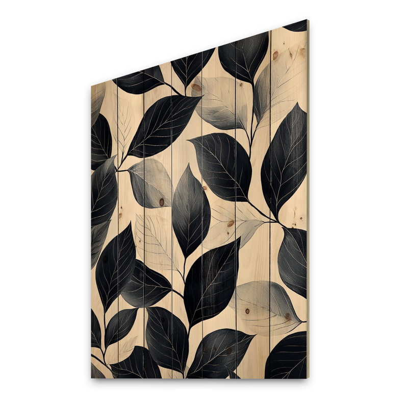 Black Beige Leaves Gentle Breeze I - Leaves Wood Wall Art - On Natural Pine Wood, 44" H x 34" W x 0.78" D