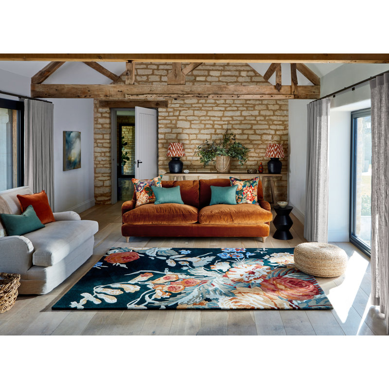 Stapleton Wool Floral Area Rug in Navy/Burnt Orange, Rectangle 6'7'' x 9'2''