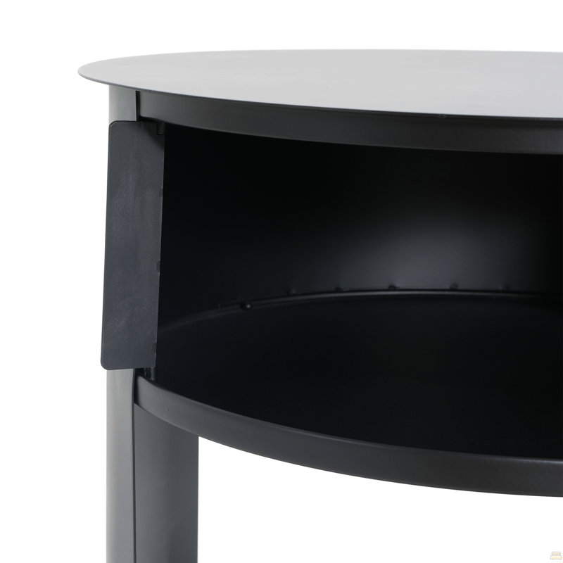 Indoor 3-Tier Metal Round Side Table With Sliding Door Cabinet, Matte Black