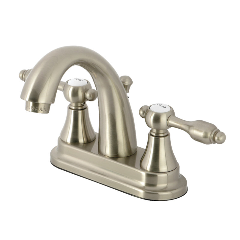 Kingston Brass Tudor Two-Handle 3-Hole Deck Mount 4" Centerset Bathroom Faucet with Brass Pop-Up, Brushed Nickel