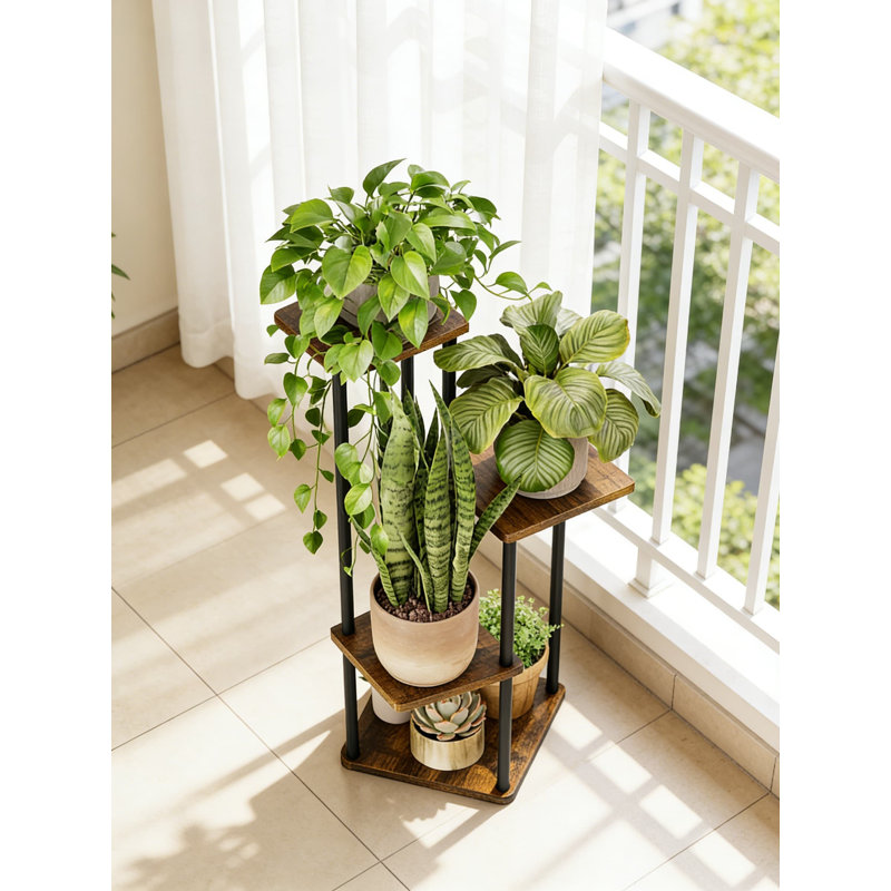 Support à plante à 4 niveaux pour plantes d'intérieur - Étagère en métal et bois peu encombrante pour salon, chambre à coucher, balcon ou patio