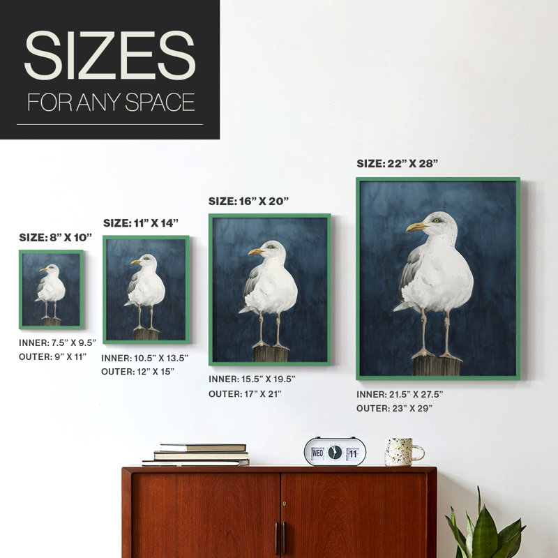 Night Gull II Framed Print - Solid Wood, 15" H x 12" W, Green