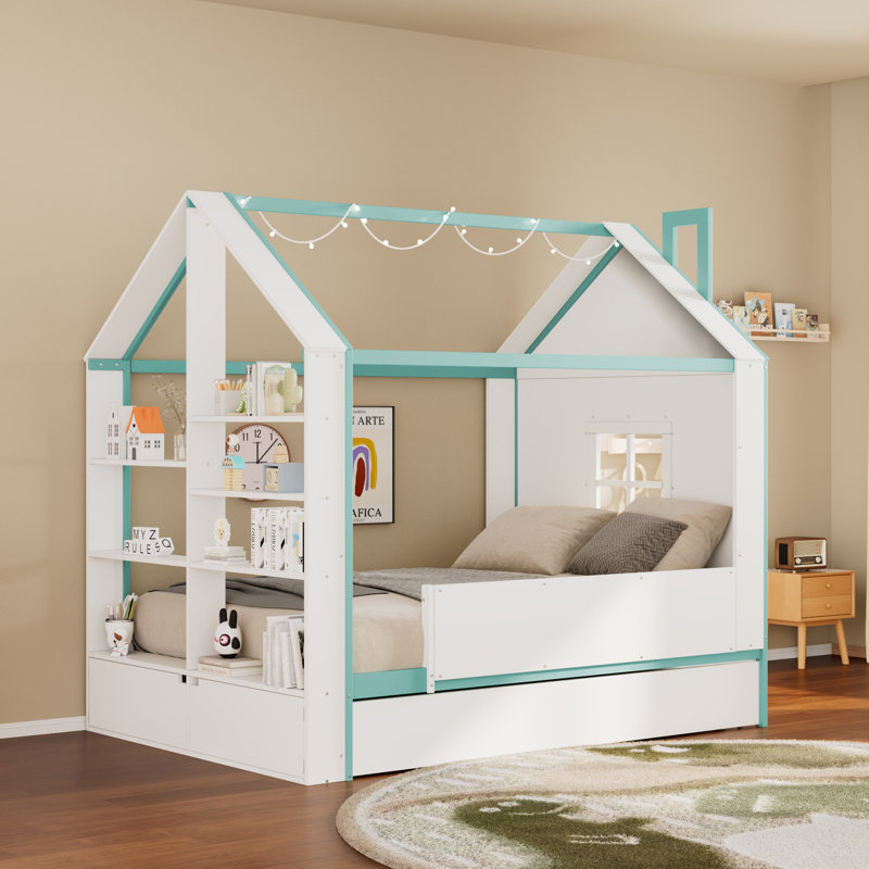 Lit maison avec lit gigogne, tablettes de rangement au pied de lit et éclairage à DEL, Lit double, Bleu blanchi