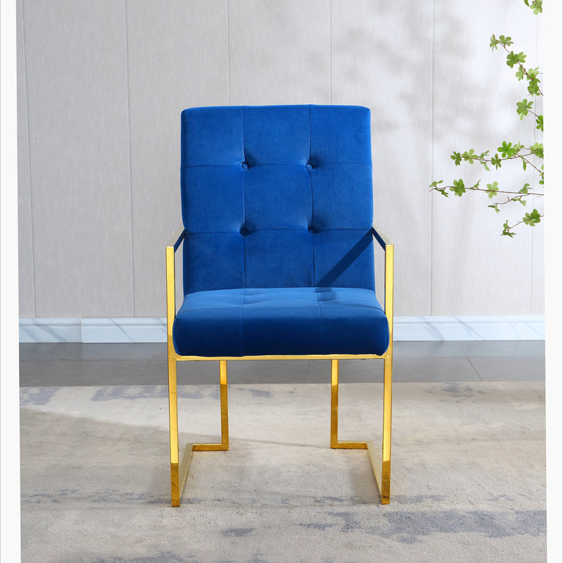 Chaise de salle à manger avec accoudoirs capitonnés et finition en acier inoxydable, Velours bleu, Doré