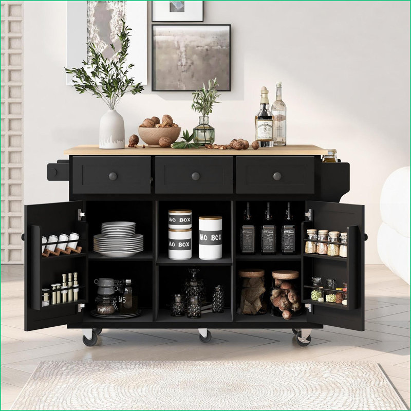 Chariot pour îlot de cuisine avec abattant en bois d'hévéa, 3 tiroirs Tablettes réglables | Noir | Panneau de fibres à densité moyenne