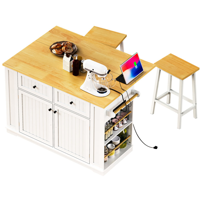 Îlot de cuisine 48 po avec rangement interne, alimentation, 5 roulettes, 2 tiroirs, tablettes réglables, espace de rangement de couleur blanche, prise, 5 mouvements,